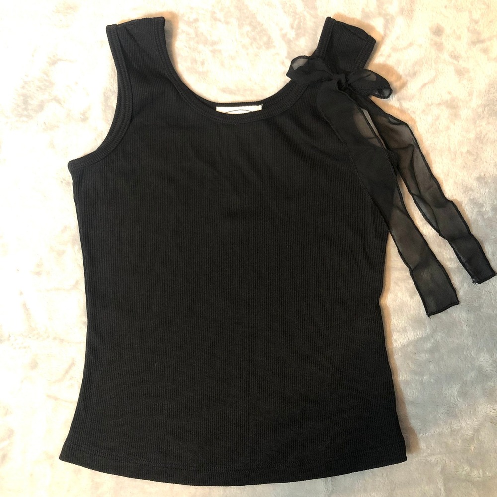 Betsy & Babs Girls Black Ribbed Tank Top Size Medium w/ Chiffon Shoulder Bow y2K